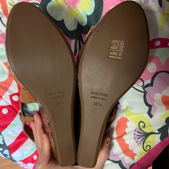 NWT Miu Miu Brown Sandals Leather Wedges Leather Heels 8.5 - Picture 3 of 15
